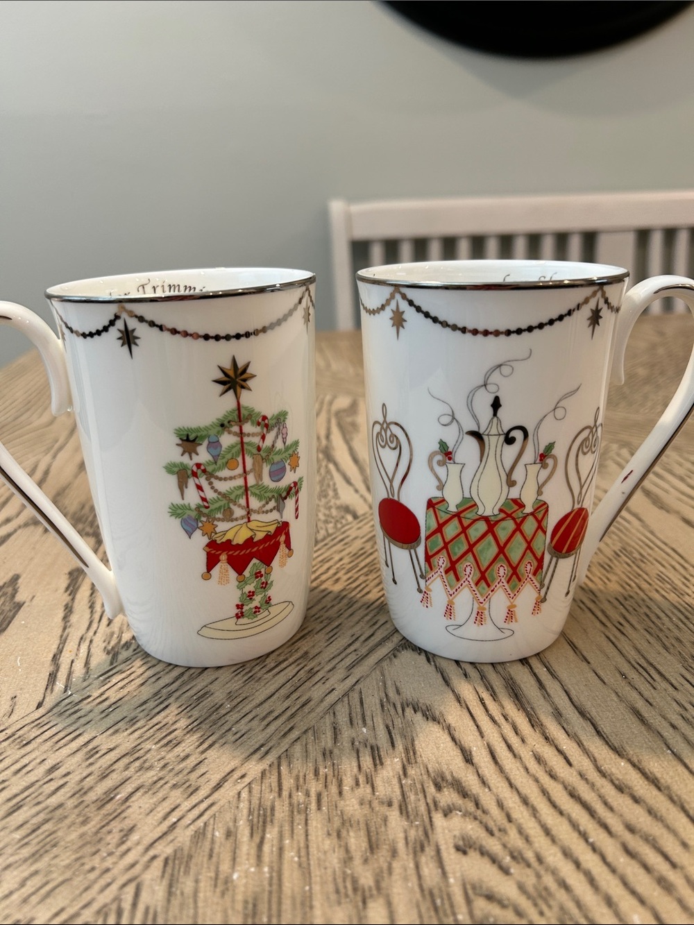 Vintage Lenox White Porcelain Mugs.  “ A time for sharing and trimming”